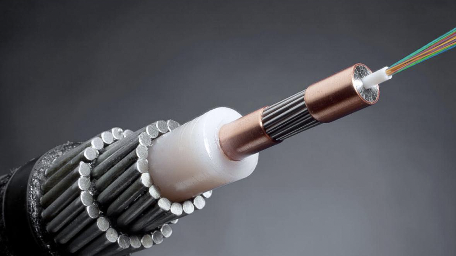 Corte técnico de un cable submarino de fibra óptica