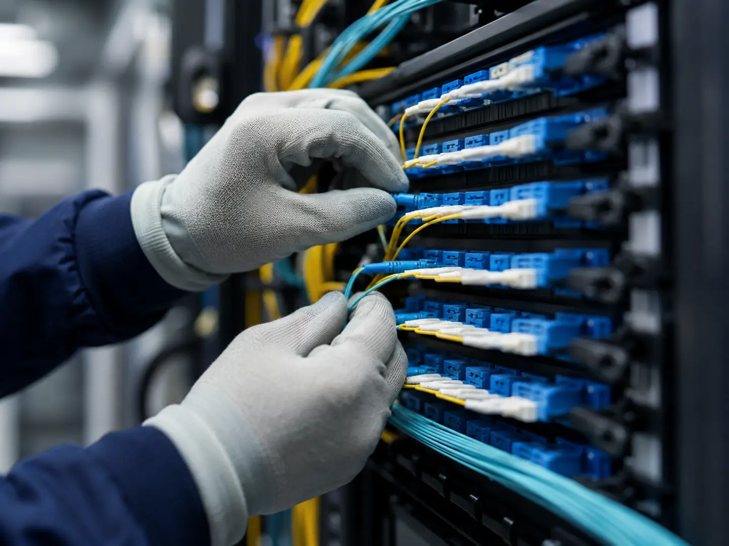 Técnico trabajando sobre un distribuidor óptico de alta densidad