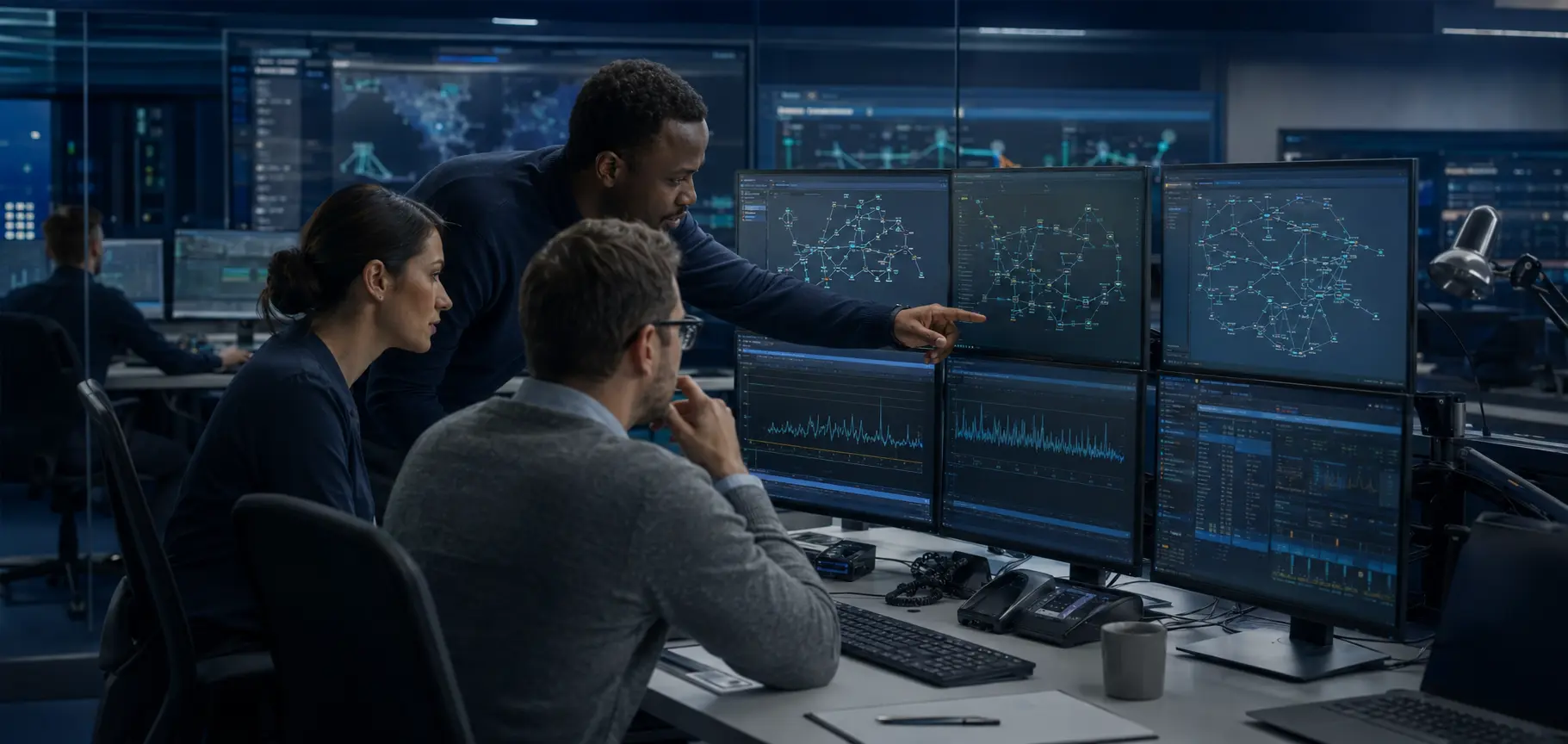 Equipo de operación monitoreando una red de telecomunicaciones
