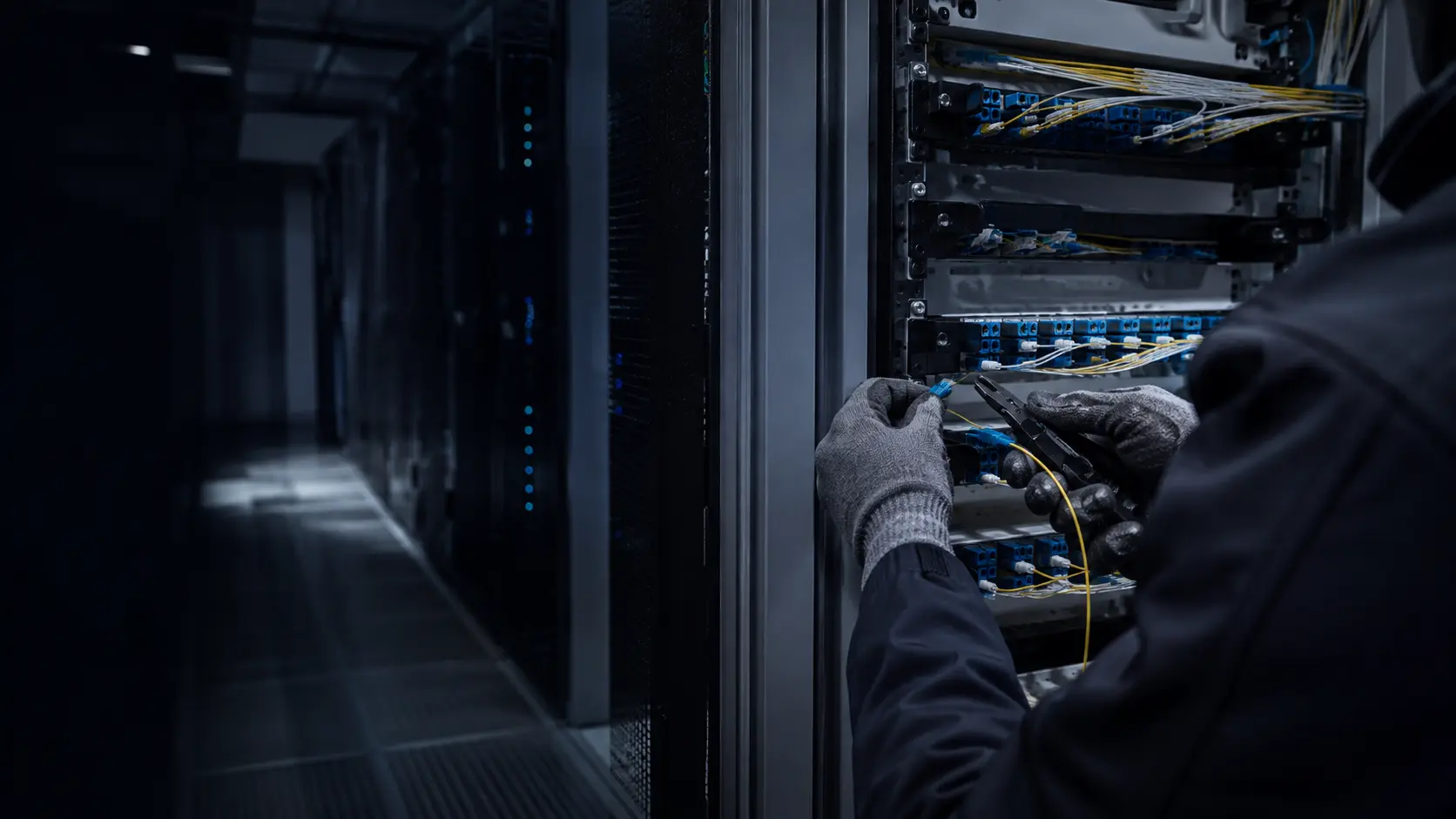 Técnico trabajando sobre infraestructura de fibra óptica terrestre